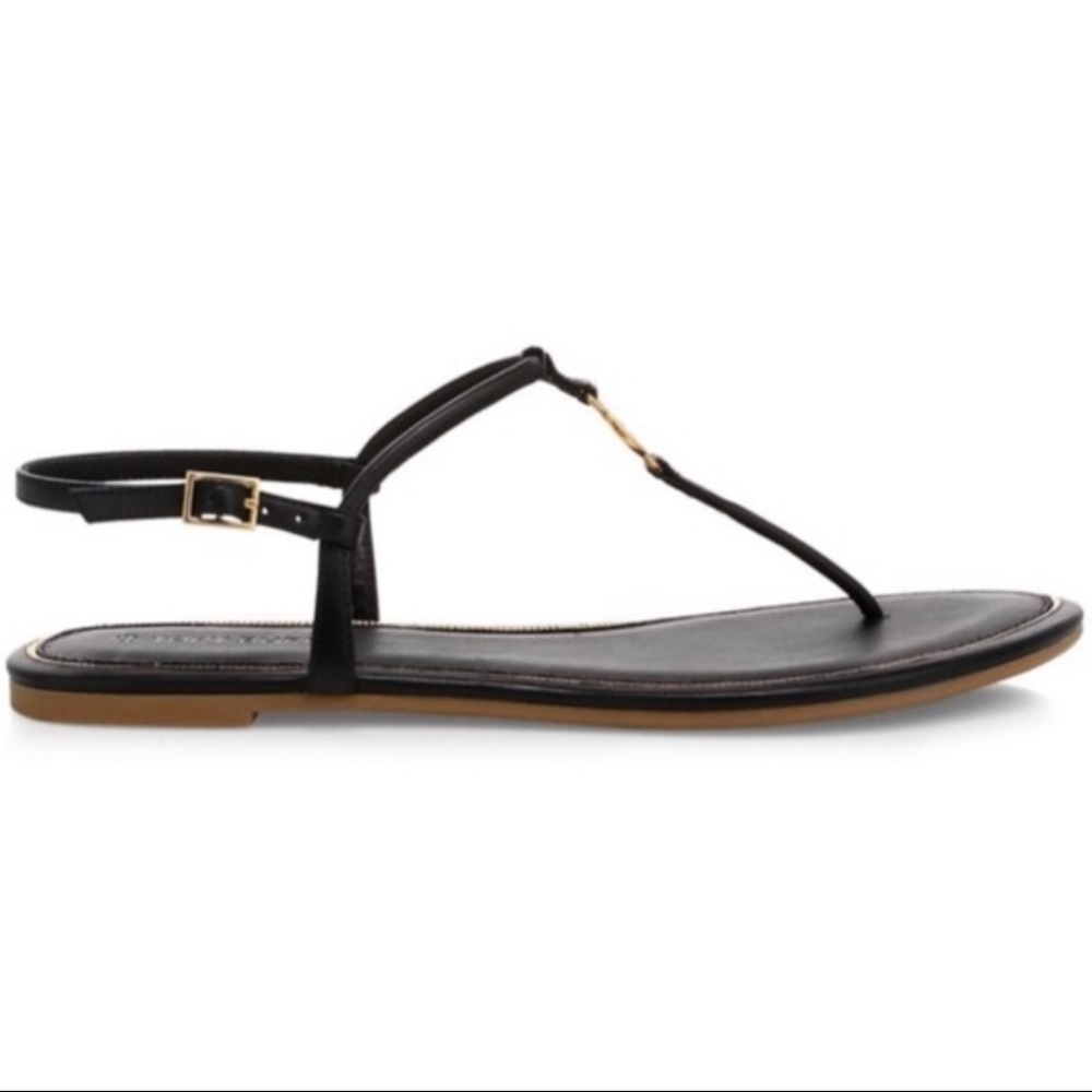 BRIGHTON Black Patent Leather Thong Flat Sandals With Silver Flower Size 6.5